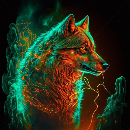 Illustration of a wolf in the form of a fire with particlesの素材