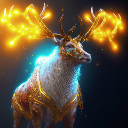 Christmas deer with golden lights on a black background. 3d renderingの素材