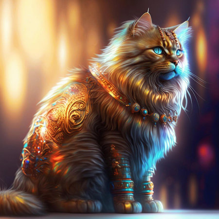 Siberian cat in a golden collar. 3D rendering.の素材