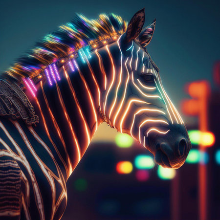 Zebra head with glowing neon lines. 3d render illustration.の素材