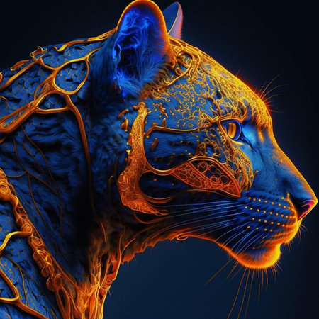 3D Illustration of a Colorful Tiger with a Fractal Backgroundの素材