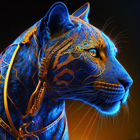 Digital Illustration of a Tiger with a Glowing Golden Pattern.の素材