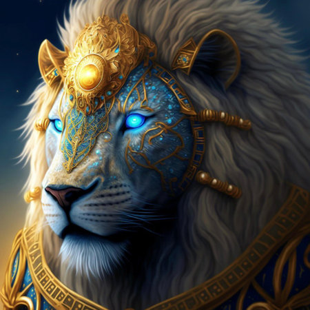 Lion with a golden armor. 3D rendering. Fantasy.の素材