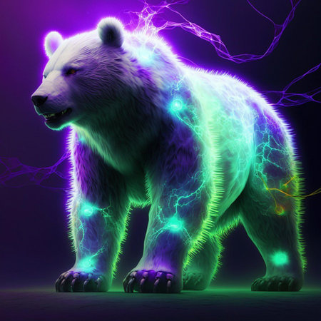 Digital illustration of a polar bear with lightning in blue and purple backgroundの素材