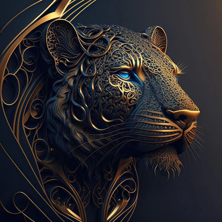 Lion head with golden ornament on black background. 3d illustrationの素材
