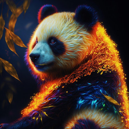 A giant panda in a colorful scarf on a dark background.の素材