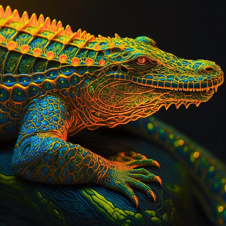 3D render of a colorful crocodile, isolated on black backgroundの素材