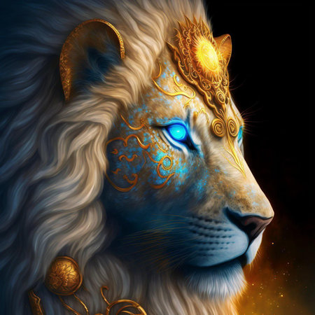 Lion with golden ornament on the skin. 3D illustration.の素材