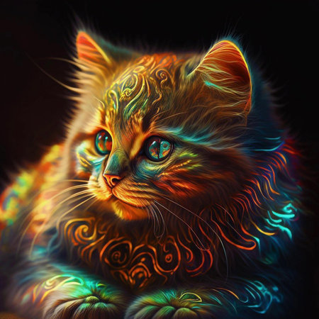 Beautiful cat with colorful eyes on a black background. Digital painting.の素材