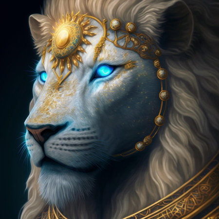 Lion head with golden circle and blue eyes. 3D renderingの素材