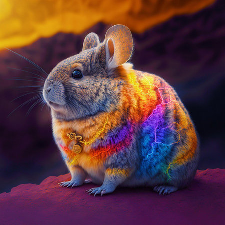 3D rendering of a cute little mouse in a rainbow scarf.の素材