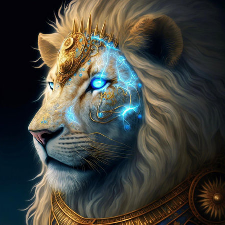 Lion head with blue eyes. Fantasy digital painting. 3D illustration.の素材