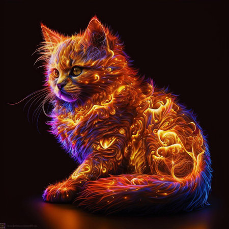 Fractal cat. Colorful cat on dark background. 3D renderingの素材