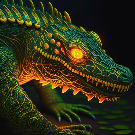 3d rendering of a green crocodile on a dark background.の素材