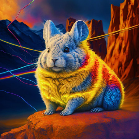 Fantasy 3d illustration of a cute chinchilla sitting on a rockの素材