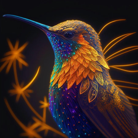 Colorful hummingbird on a black background. 3D illustration.の素材