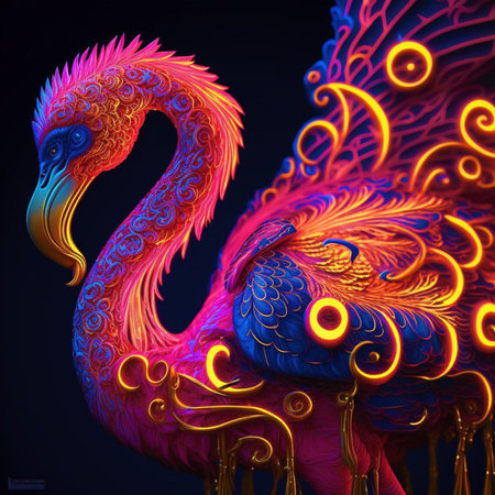 Flamingo in neon light on a black background. 3d renderingの素材
