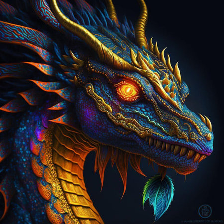 3D illustration of a fantasy dragon isolated on a black background.の素材