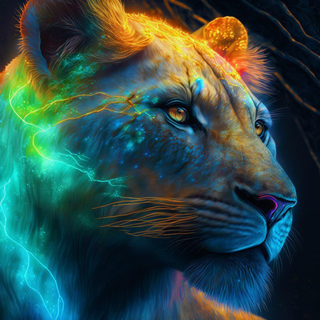 Lion head with neon lights. Fantasy illustration. 3D renderingの素材