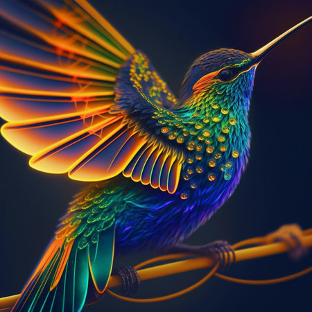 Hummingbird with colorful patterns on its wings. 3d illustrationの素材
