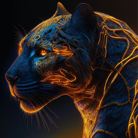 Digital illustration of a panther in colour background with glowing effect.の素材