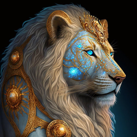 Lion with blue and gold ornament. 3D illustration. Fantasy.の素材