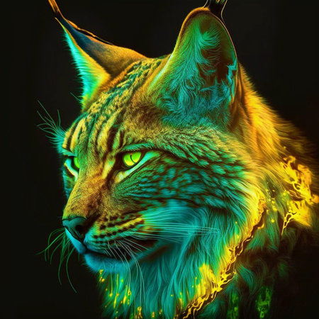 Eurasian lynx portrait in yellow and green colors. Digital painting.の素材