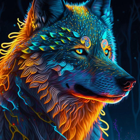 Illustration of a wolf with a colorful background in the style of surrealismの素材