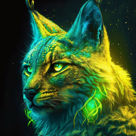 Digital Illustration of a Lynx in Green and Yellow Colors.の素材