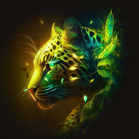Leopard face with flowers and leaves on a black background, digital paintingの素材