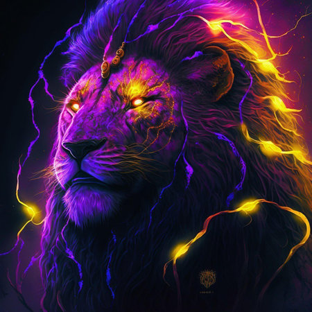 Lion head with glowing neon lights on a dark background. Colorful illustration.の素材