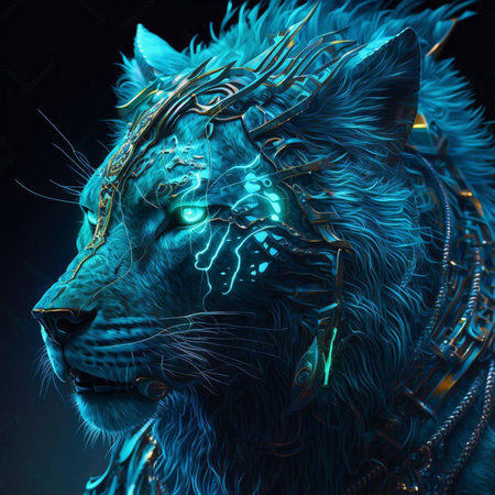 3D rendering of a fantasy tiger with a metal grid on his body.の素材