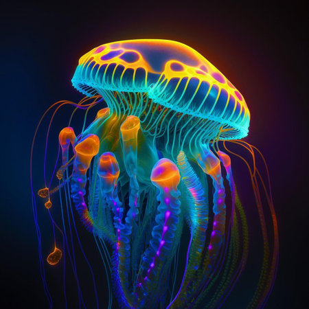 Colorful jellyfish on a black background. 3D illustration.の素材