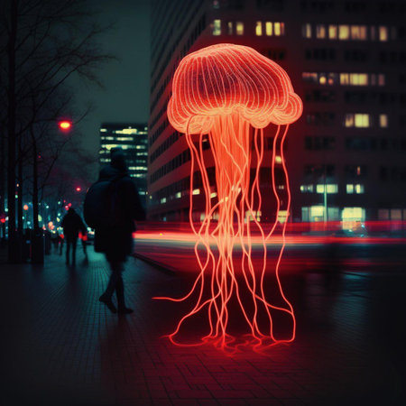 Jellyfish in the city at night. Conceptual image of dangerの素材