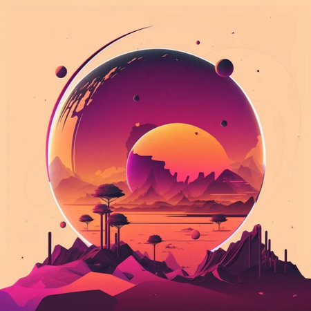 Fantasy landscape with mountains, trees and moon. Vector illustration.の写真素材