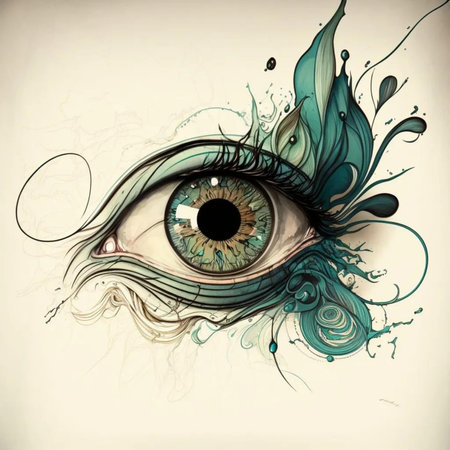 Beautiful woman's eye with abstract watercolor design on white backgroundの写真素材