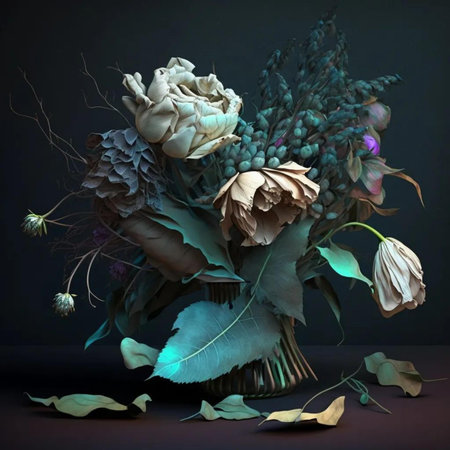 bouquet of dried flowers in a vase on a dark backgroundの写真素材