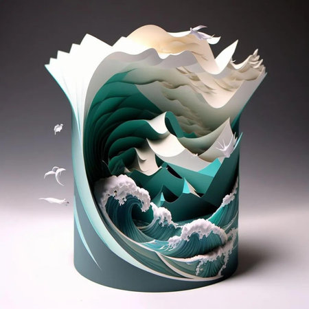 Paper cut out of paper with origami pattern. 3d renderingの写真素材