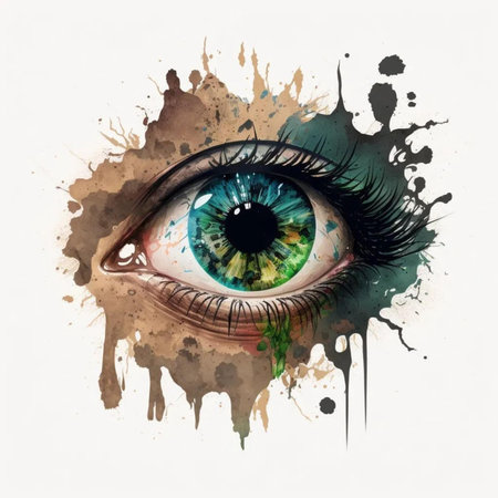 Human eye with watercolor splashes on white background. Hand drawn illustrationの写真素材