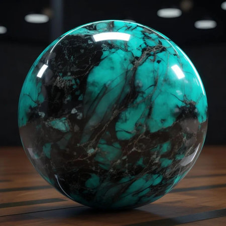 Turquoise and black marble ball on wooden table, close upの写真素材