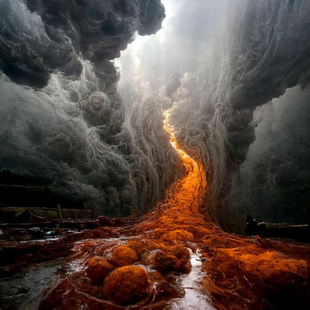 Beautiful view of the lava flow in the crater of a volcano.