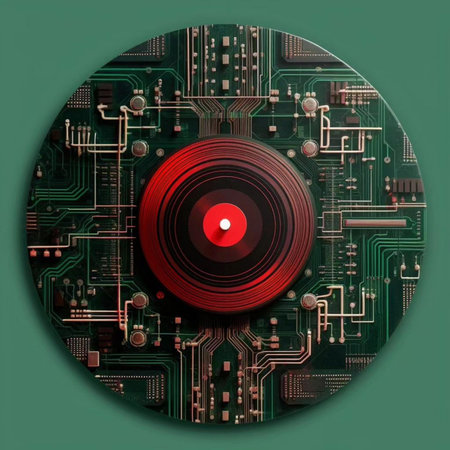 Circuit board with red disc on green background, 3d render