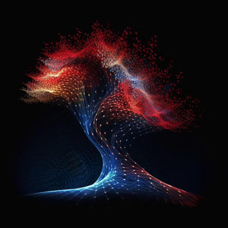 Abstract background with dynamic waves, lines and particles. Vector illustration.の写真素材
