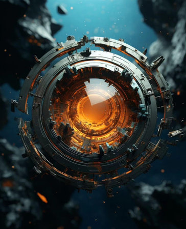 Futuristic spaceship in deep space. Science fiction art. 3D renderingの写真素材