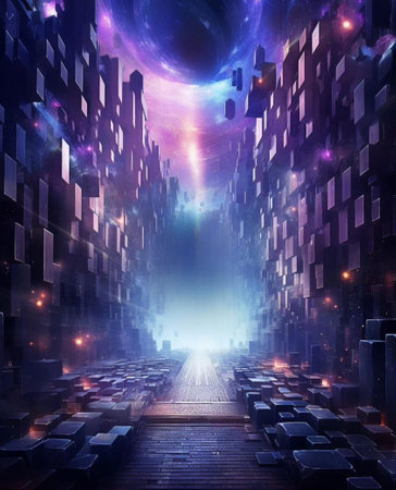 Futuristic corridor with glowing lights in the dark. 3D renderingの写真素材
