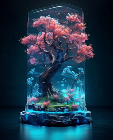 Bonsai tree in a glass showcase. 3D rendering.