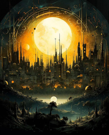 Fantasy landscape with fantasy city and moon. Computer collage.の写真素材