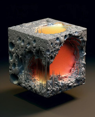 3D illustration of a geometrical cube with a burning candleの素材