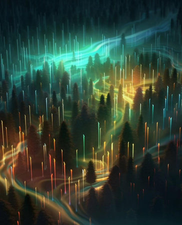 Fantastic light trails in the forest. Computer generated graphics.の写真素材