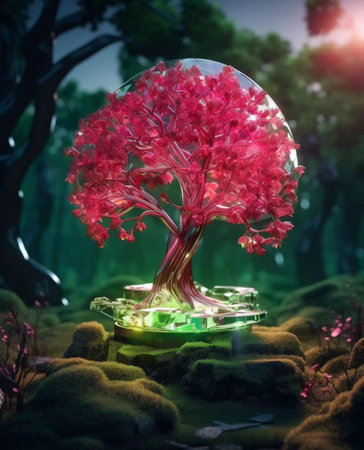 3d illustration of a red tree in a glass sphere surrounded by green mossの写真素材